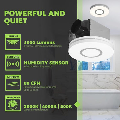 Homewerks 7141-80-RGB Bathroom Fan with Light LED Color Changing and Dimmable, SmartVent Humidity Sensing Ventilation Fan with Remote, 80 CFM 1.0 Sones