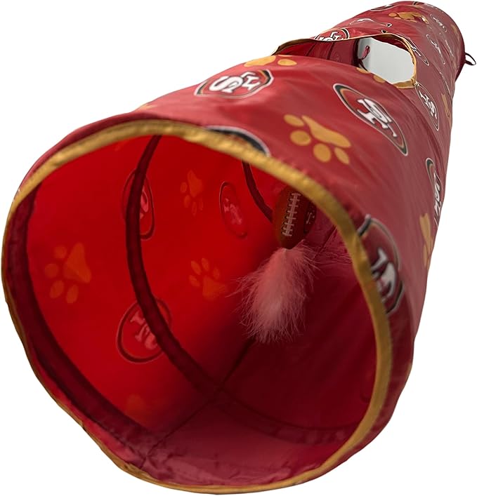 NFL San Francisco 49ers Cat Tunnel Tube Toy with Plush Football Catnip and Feathers Collapsible Tunnel for Cats to Play, Peek and Hide, Sporty & Fun Cat Tunnel Toy with Team Logo All-Over Design!-Mewly Pet
