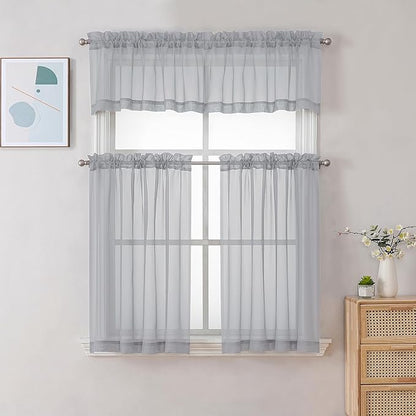 Chyhomenyc Sheer Light Grey Valances for Windows 2 Pack, Small Window Curtains for Living Room Bathroom Cafe Laundry Basement, Modern Top Dual Rod Pocket Voile Curtain, 42W x 14L inches