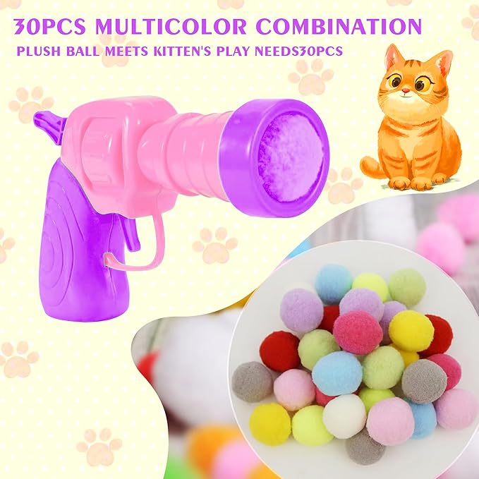 Mewlmart Interactive Cat Toys for Indoor Cats Pink Cat Pom Pom Balls Plush Ball Launcher Cat Fetch Toy Enrichment Toys 30 Balls-Mewly Pet