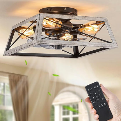 LEDIARY Ceiling Fans With Lights Remote Control, 22 Inch Farmhouse Caged Flush Mount Ceiling Fan Low Profile, Small Industrial Rustic Quiet Ceiling Fan With Remote For Bedroom, Kitchen, Indoor Home