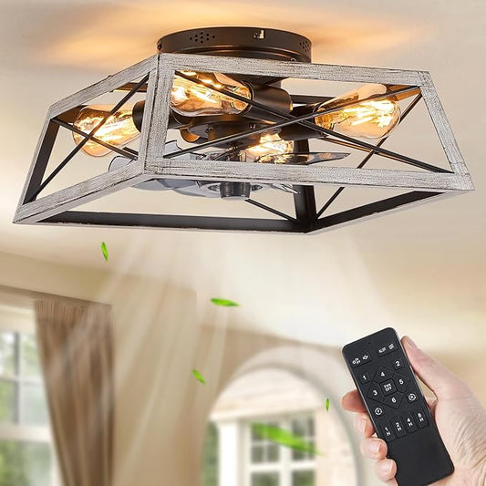 LEDIARY Ceiling Fans With Lights Remote Control, 22 Inch Farmhouse Caged Flush Mount Ceiling Fan Low Profile, Small Industrial Rustic Quiet Ceiling Fan With Remote For Bedroom, Kitchen, Indoor Home