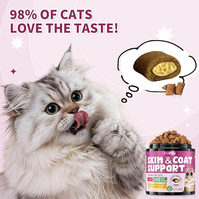 Natural Skin and Coat Support for Cats - Crunchy & Creamy Chews with Omega 3, Biotin & Vitamin E for Healthy Skin, Shiny Fur, Cat Supplements & Vitamins -Chicken（500 Chews-Mewly Pet