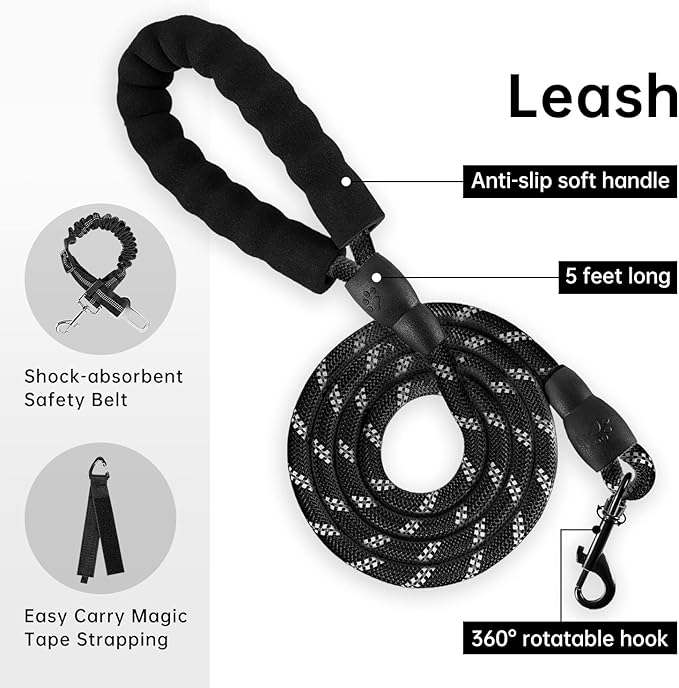 IVY&LANE No Pull Dog Harness for Large Dogs, Dog Vest Harness with Leash, Safety Belt and Storage Strap, Fully Adjustable Harness, 360° Reflective Strip, Soft Handle (Black, L)-Mewly Pet