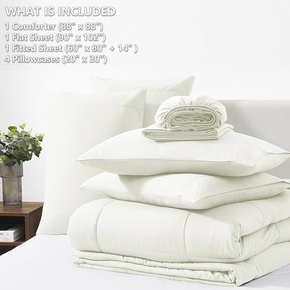 CozyLux Queen Size Comforter Set Ivory - 7 Pieces Bed in a Bag, Cream Off White Comforter Queen Size, Bedding Sets with All Season Quilted Comforter, Flat Sheet, Fitted Sheet, Pillowcases