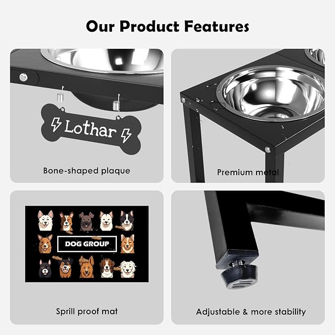 Elevated Dog Bowls,16inch Tall Pet Bowl Holder, Raised Bowl Stand with 2 Stainless Steel Bowls (68oz) and Spill-Proof Mat, Dog Feeder for Large Extra Large Breeds-Mewly Pet