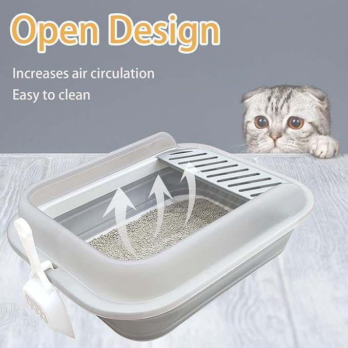 Collapsible Kitten Litter Box, Open High Sided Cat Potty Pan with Scoop Shallow Cat Toilet Anti-Splashing Low Entrance Travel Litter Box with Falling Sand Pedal for Kitty to Senior Cats-Mewly Pet