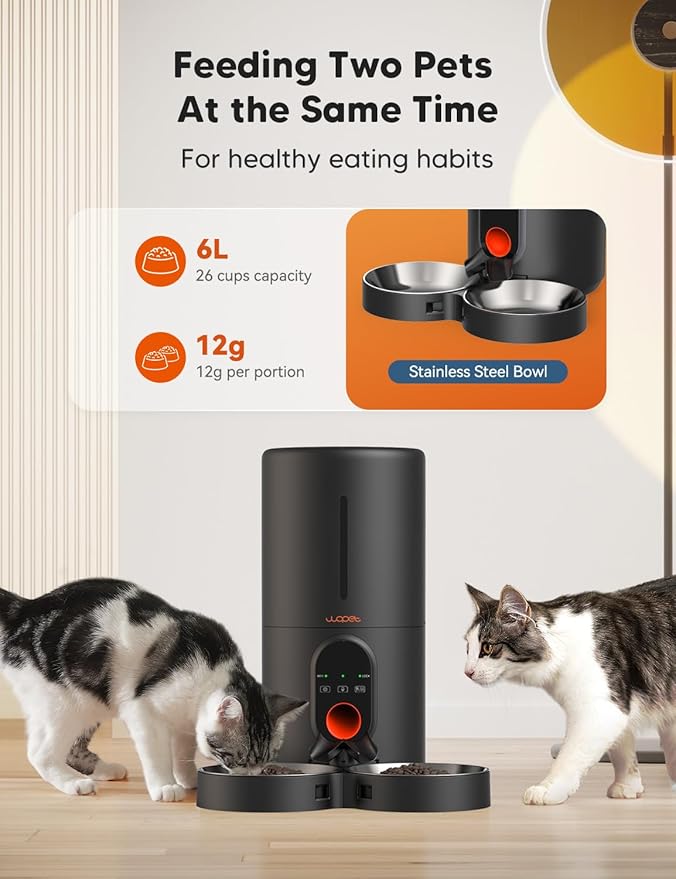 WOPET Automatic Cat Feeder, 5G WiFi Pet Feeder for Two Cats or Dogs with Remote Control, 6L Cat Food Dispenser with Low Food Sensor, 1-10 Meals Per Day, Up to 10s Meal Call for Pets-Mewly Pet