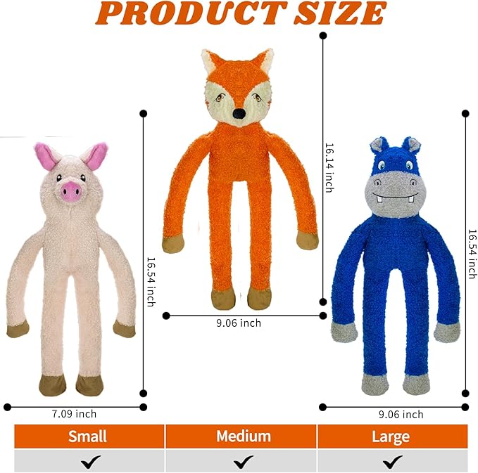 3 Pack No Stuffing Crinkle Squeaky Interactive Plush Dog Toys for Aggressive Chewers to Keep Puppy Busy for Boredom Small & Medium Breeds Furry Friend Teething Orange Fox Pink Pig Blue Hippo-Mewly Pet