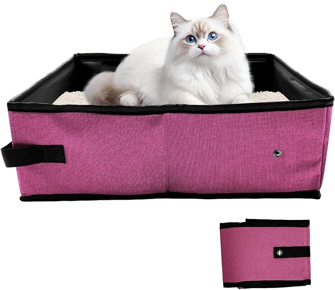 Portable Litter Box for Cats, Foldable & Waterproof Cat Travel Litter Box, 15.75 * 11.82 * 3.94 Inches, Traveling & Camping Cat Supplies - Pink-Mewly Pet