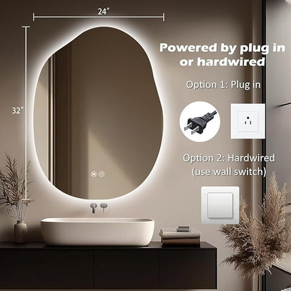 LED Bathroom Mirror with Lights 24x32, Stepless Dimmable Irregular Backlit Mirror with 3 Colors, Anti-Fog, Memory, Al-Alloy Lampshade, Frameless Smart Mirror for Bathroom (Horizontal/Vertical)