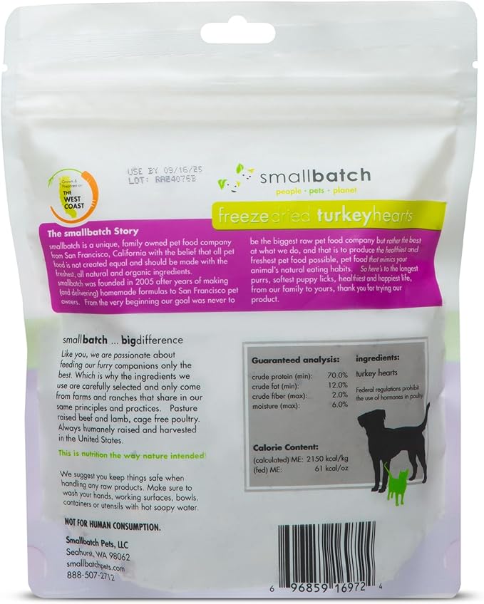 smallbatch Pets Premium Freeze-Dried Turkey Heart Treats for Dogs and Cats, 3.5 oz, Made and Sourced in The USA, Single Ingredient, Humanely Raise Meat, No Preservatives or Anything Artificial Ever-Mewly Pet