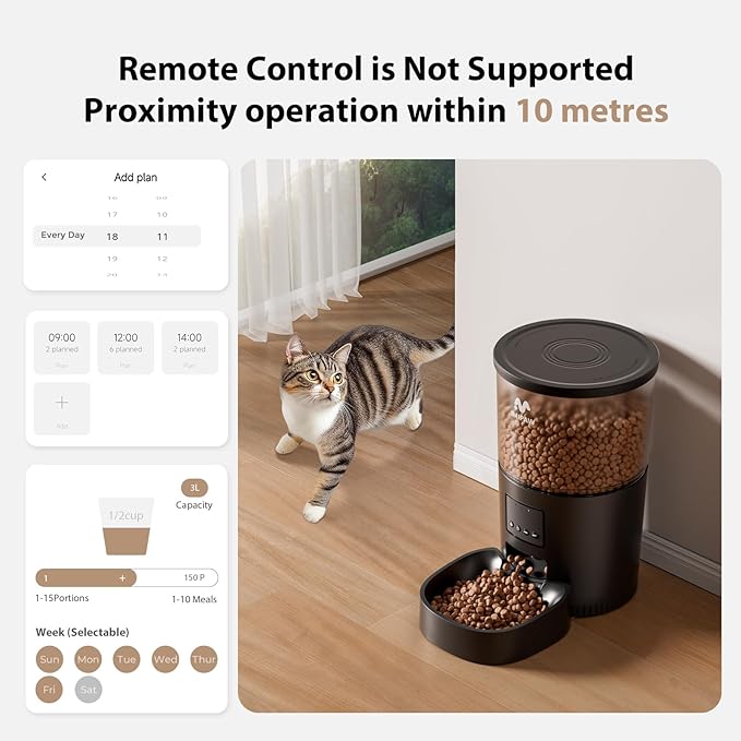 Automatic Cat Feeder - 3L Pet Dry Food Dispenser with Timed Programmable Portion Control, Dual Power Backup, Easy Set Up, 10 Meals Per Day for Cats and Puppies, Black（Remote Not Supported）-Mewly Pet