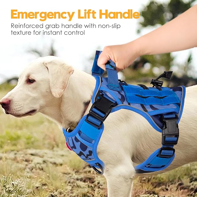 Heavy-Duty Tactical Dog Harness for Large Dogs, No Pull Adjustable Reflective Pet Vest with Molle System, K9 Military-Grade Control for Service Training, Outdoor & 10+ Breeds, Blue Camo, Small-Mewly Pet