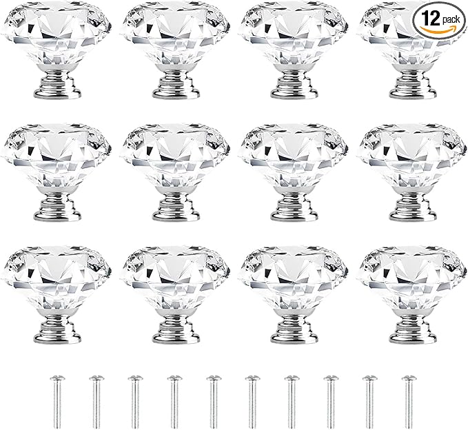 [12 PCS] 40mm Crystal Clear Glass Cabinet Drawer Pulls, Diamond Shape Cupboard Knobs with Screws for Kitchen, Dresser, Cupboard, Bathroom, Wardrobe (1.6 inch / 40mm)