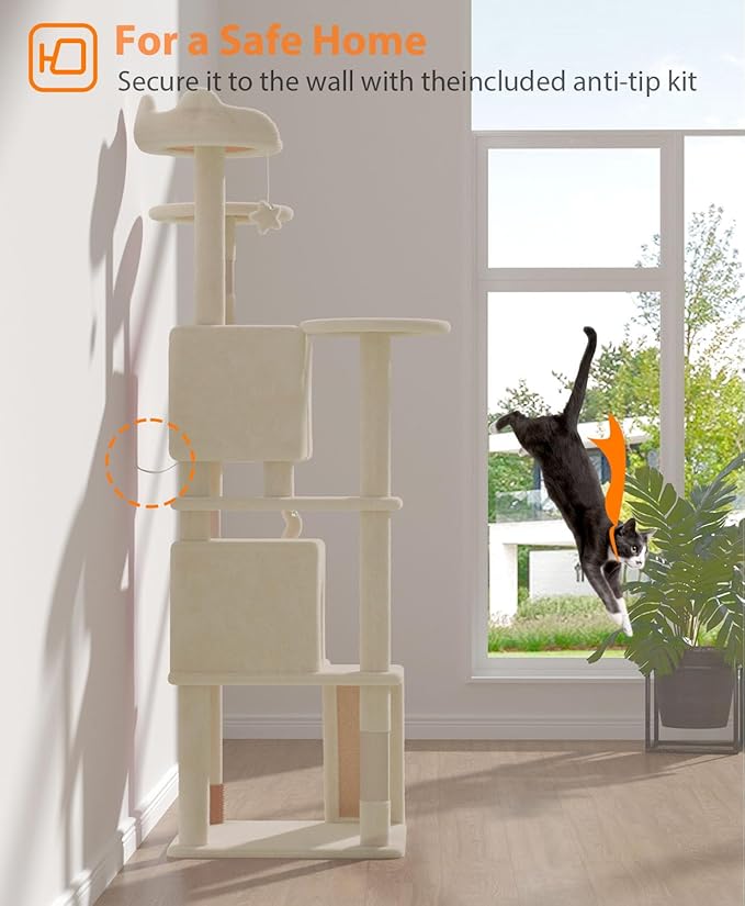 77'' Cat Tree Tower for Indoor Cats Large Adult, Cute/Tall Modern Cat Tree for Big Cats 20 lbs, Plush Multi-Level Cat Condo with Scratching Posts, Dangling Ball for Fun Play (Beige, 77 inch)-Mewly Pet