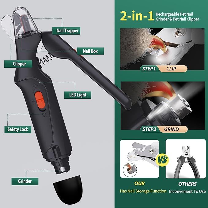 2-in-1 Dog Nail Clippers & Cat Nail Clippers Trimmers for Large Medium Small Dogs Cats Claw Trimmer Quick Sensor and Safety Guard USB Rechargeable with 2 LED Lights Dogs Nail Trimmer-Mewly Pet