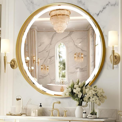 Gold Round Mirror 32 Inch, Metal Framed Frontlit Bathroom Mirror, Circle Mirrors for Wall, Led Light Mirror with Anti-Fog, Memory Function, 3 Color Temperature, Makeup Mirrors Dimmable