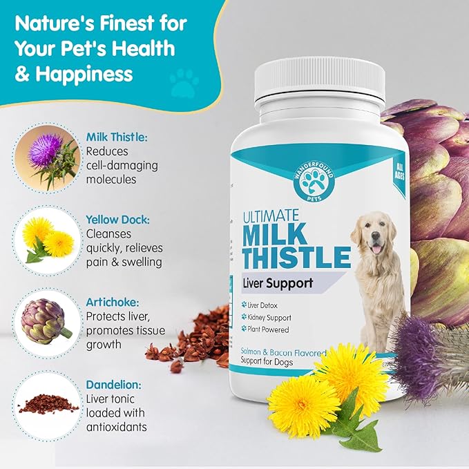 Wanderfound Pets Milk Thistle for Dogs – Tasty Salmon & Bacon Flavored Natural Liver Support for Pets – Kidney Cleanse Detox & Repair Formula Manufactured in The USA – 100 Chewable Tablets-Mewly Pet