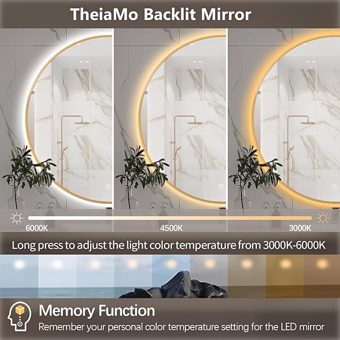 44" Round LED Bathroom Mirror, Wall Mounted Round Backlit Mirror LED Bathroom Vanity Mirror with Lights Fog Free Circle Lighted Mirror with Gold Frame, Smart Light up Mirror 3-Color