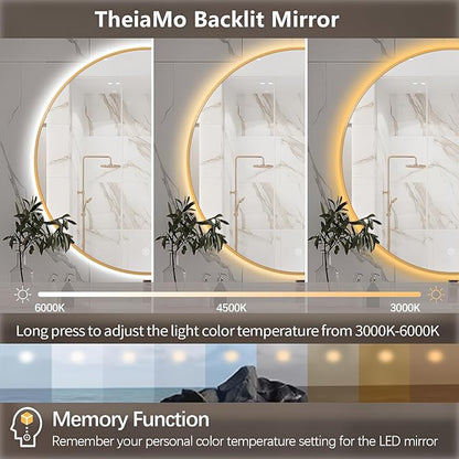 44" Round LED Bathroom Mirror, Wall Mounted Round Backlit Mirror LED Bathroom Vanity Mirror with Lights Fog Free Circle Lighted Mirror with Gold Frame, Smart Light up Mirror 3-Color