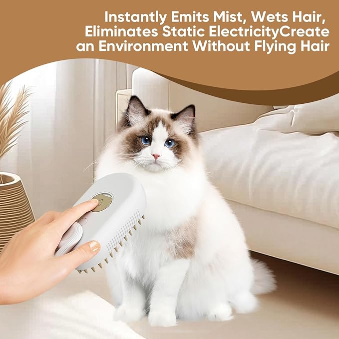 4-in-1 Cat Steam Brush for shedding – Self-Cleaning Comb for Long and Short Hair Cats and Dogs, Steam Pet Brush for Hair Removal, Vibrating Message, Grooming & Relaxation (White)-Mewly Pet