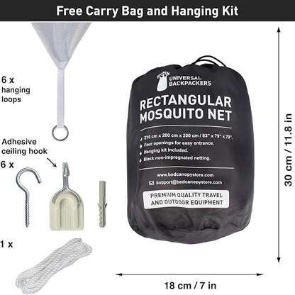 Black Mosquito Net for Single to King-Sized Beds – 4 Side Openings & 6 Hanging Loops – Decorative Rectangular Shape for Home & Travel – Bed Canopy Hanging Kit & Carrying Bag Included
