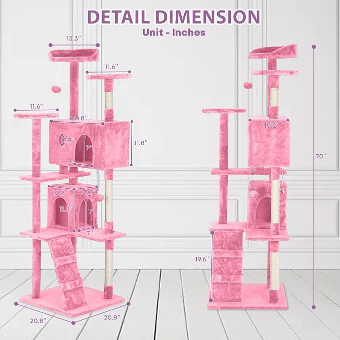 70 inches Cat Tower for Indoor Cats Multi-Level Cat Condos for XL Cat Tree Cat Climbing Tower with Scratching Posts, Hanging Toys,Pink-Mewly Pet