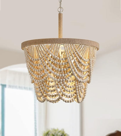 Q&S Boho Wood Beaded Chandelier,Farmhouse Coastal Large Bohemia 5 Lights for Dining Room Kitchen Living Room Entryway Foyer Hotel W19.9 UL Listed