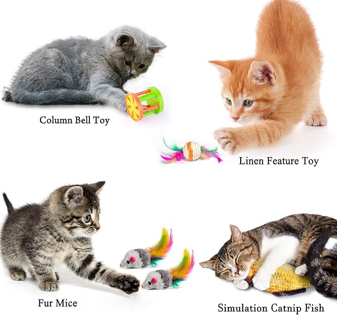 MIBOTE 28Pcs Cat Toys Kitten Toys Assorted, Cat Tunnel Catnip Fish Feather Teaser Wand Fish Fluffy Mouse Mice Balls and Bells Toys for Indoor Cat Puppy Kitty Interactive Cat Toy Set-Mewly Pet