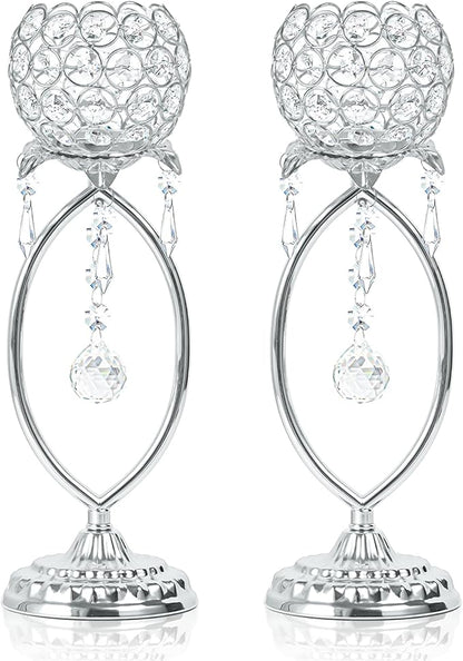 2 Pcs Silver Elegant Metal Crystal Tea Light Candle Holders with Crystal Pendants, Hollow Design - Wedding Table Centerpieces for Anniversary Birthday Party, Home Decor