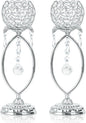 2 Pcs Silver Elegant Metal Crystal Tea Light Candle Holders with Crystal Pendants, Hollow Design - Wedding Table Centerpieces for Anniversary Birthday Party, Home Decor