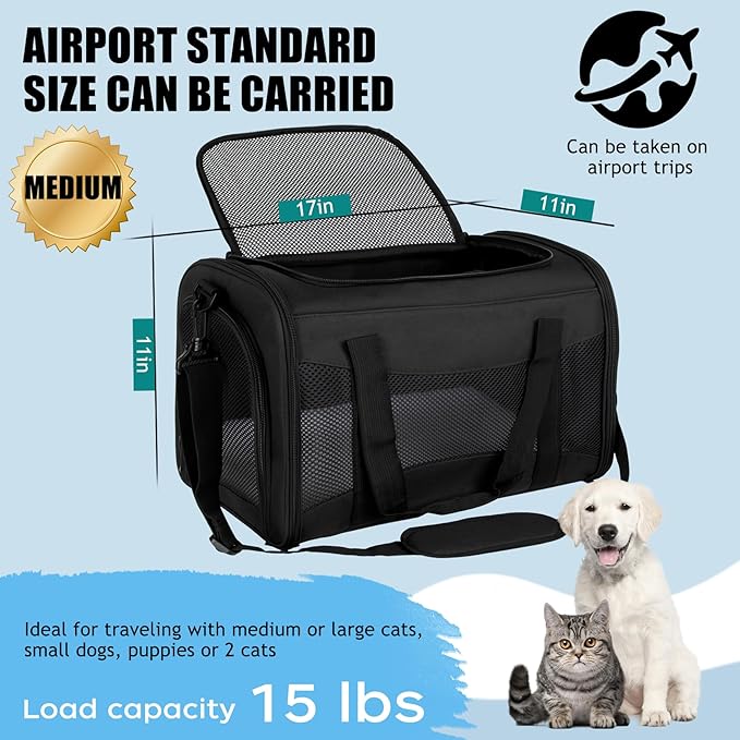 Carriers Soft-Sided Pet Carrier for Cats Dogs Under 15 lbs,TSA Airline Approved with 4 Ventilated Windows(Medium,Black)-Mewly Pet