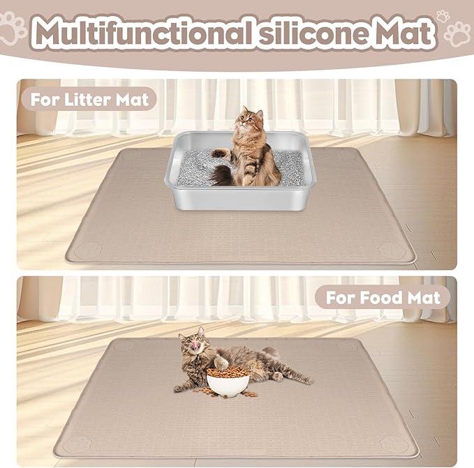Cat Litter Mat, Extra Large 40" x 28" Silicone Mat Litter Trapping Mat for Scatter Control, Soft on Kitty Paws, Easy to Clean (Khaki)-Mewly Pet