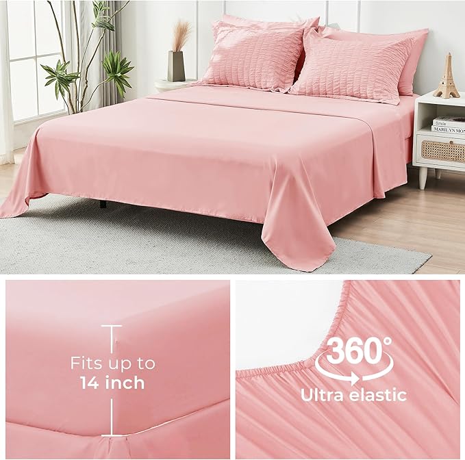 HYMOKEGE Rose Pink Twin Comforter Set Seersucker 5 Pieces, All Season Luxury Bed in a Bag for Bedroom, Bedding Set with Comforter, Sheets, Pillowcase & Sham
