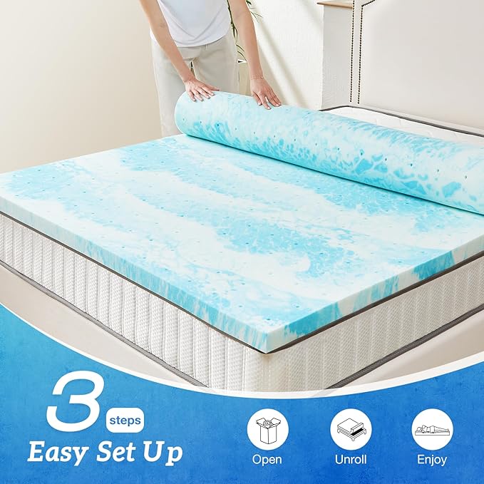Sweetcrispy Mattress Topper King, 4 Inch Thick Memory Foam Gel Infused Cooling Toppers Pad for King Size Bed, Sleeper Sofa, RV, Camper, CertiPUR US Certified, Ventilated and Breathable