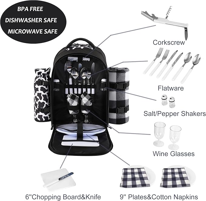 apollo walker Picnic Backpack Bag for 2 Person with Cooler Compartment, Detachable Bottle/Wine Holder, Fleece Blanket, Plates and Cutlery Set (2 Person, Black)-Mewly Pet
