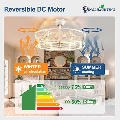 DLLT Caged Ceiling Fan with Lights: 26" Bladeless Fandelier with Light and Remote - Cement Industrial Chandelier Fan Light for Bedroom Living Dining Room Kitchen
