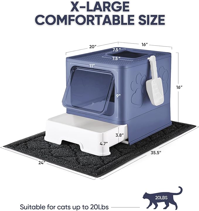 Cat Litter Box with X-Large Litter Mat and Scoop, Large Foldable Litter Box with Lid, Enclosed Kitty Box,Front Top Entry Exit, Odor Control Easy to Clean (Upgrade Midnight)-Mewly Pet