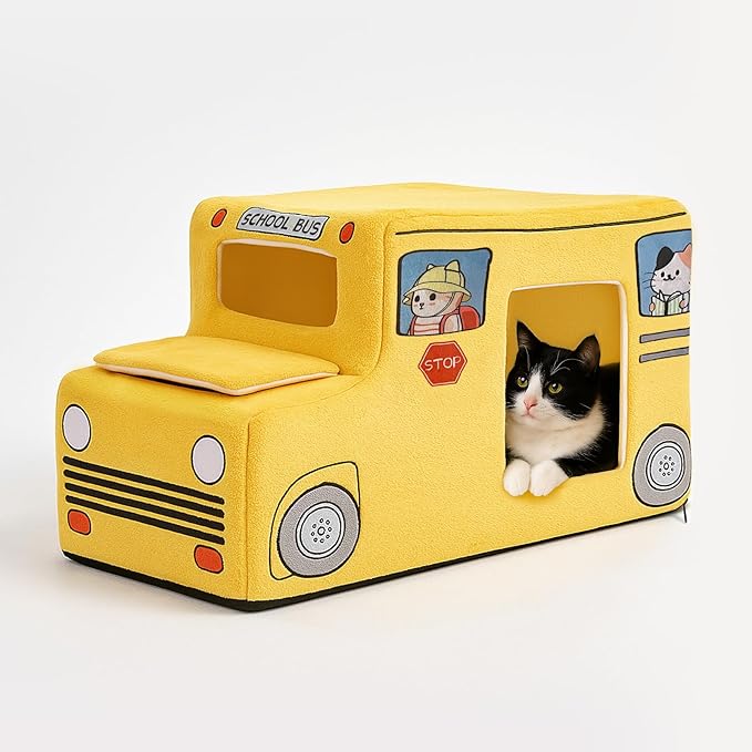 Cute Cat Beds Kitten Beds, Soft Small Dog Beds, Washable Pet Beds for Puppy and Kitty, Funny School Bus Cat Cave, 23 Inches-Mewly Pet