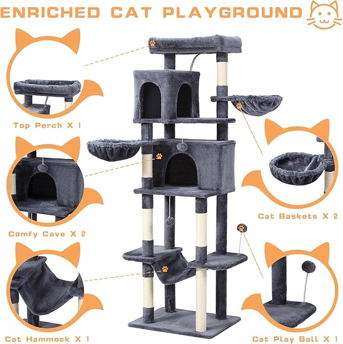 70-Inch Cat Tree,Large Cat Tree Tower with Hammock, Scratching Post, Condo and Multi-Level Cat Tower for Large Cats, Cat Activity Center Playhouse, Dark Gray LCT016-Mewly Pet