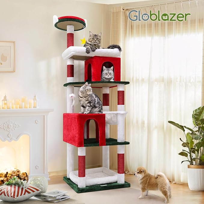 Globlazer Heavy Duty Cat Trees for Large Cats, Sturdy 72in Maine Coon Cat Tree for Large 20 lbs+ Heavy Duty Cat Tower for Adult Biggest Cats with 6 Scratching Posts, Hammock, S72, Red White Green-Mewly Pet
