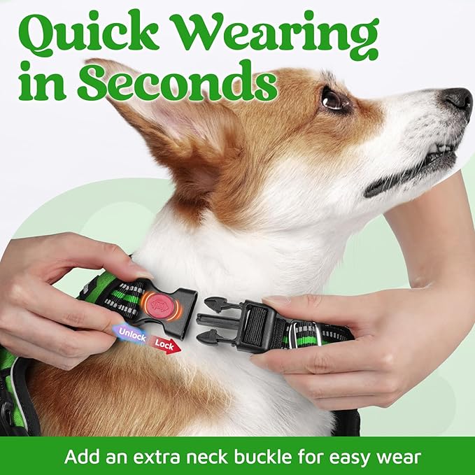 rabbitgoo Dog Harness Small Sized, No Pull Dog Vest with 3 Buckles, Adjustable Soft Padded Pet Harness with Easy Control Handle and Reflective Strips, Green, S-Mewly Pet