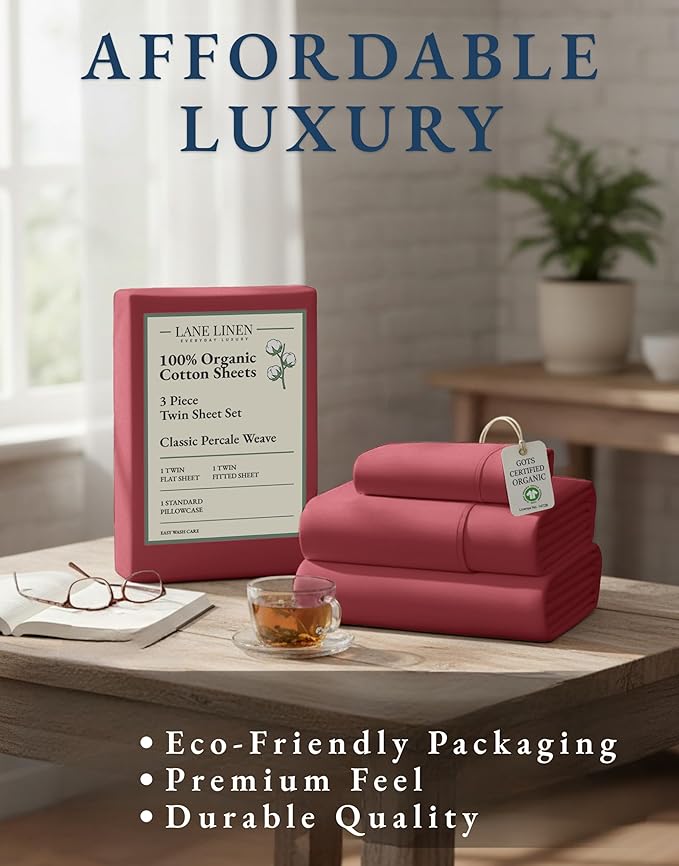LANE LINEN Eco Friendly 100% Organic Cotton Twin Bed Sheet Set, Soft & Breathable Fully Elasticized Mercerized Cotton Twin Size Bedding Sheets & Pillowcase Set, Deep Pocket Bed Sheets - Mineral Red