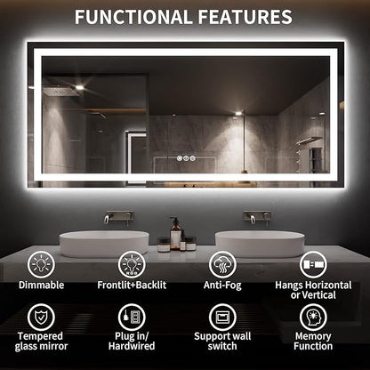 LOAAO 77X36 LED Bathroom Mirror with Lights, Anti-Fog, Dimmable, Backlit + Front Lit, Lighted Bathroom Vanity Mirror for Wall, Memory Function, Tempered Glass, ETL Listed