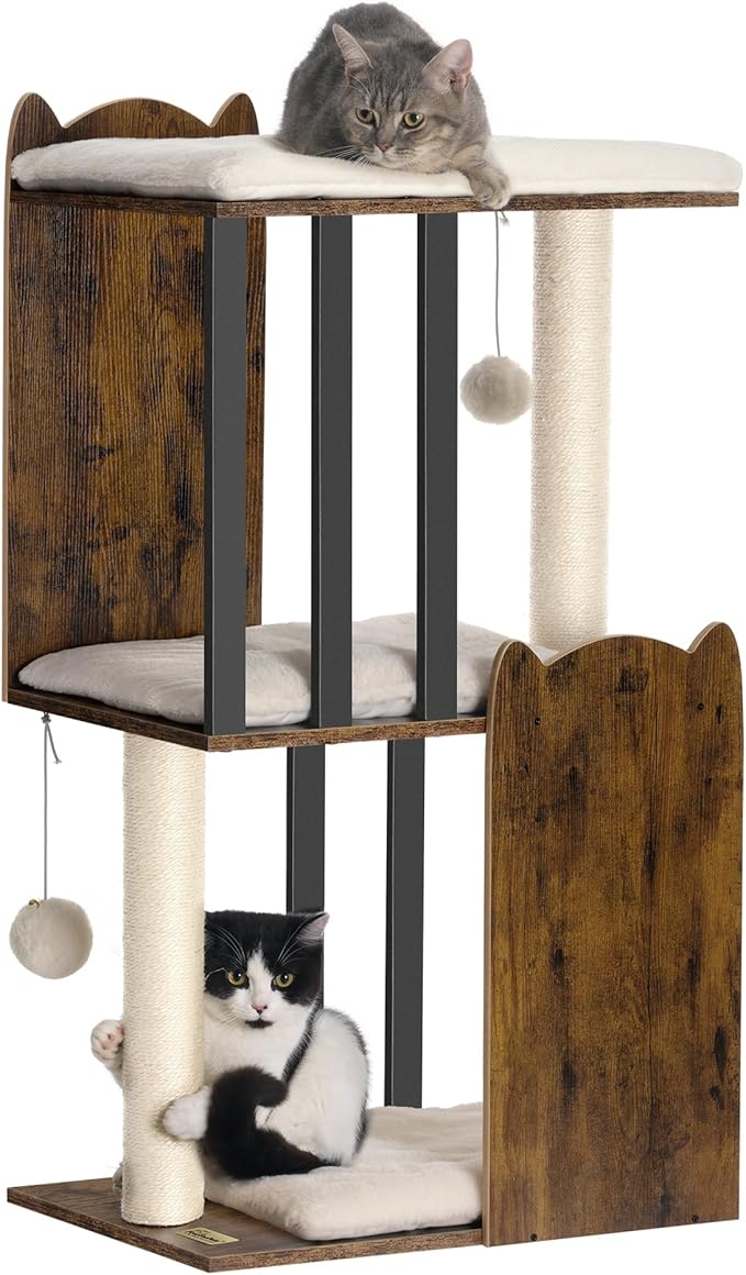 FourFurPets 35.4in 3-Tier Modern Cat Tree Tower Condo, Cat Scratch Posts for Indoor Cats, Big Plate, Two Full Sisal Scratching Posts, Rustic Brown-Mewly Pet