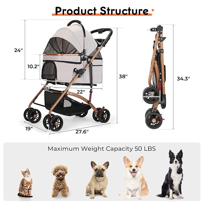 3-in-1 Foldable Pet Stroller for Medium Dogs & Cats (50lbs) - Detachable Carrier, Car Seat, Storage Basket, 5" Lockable Wheels-Mewly Pet