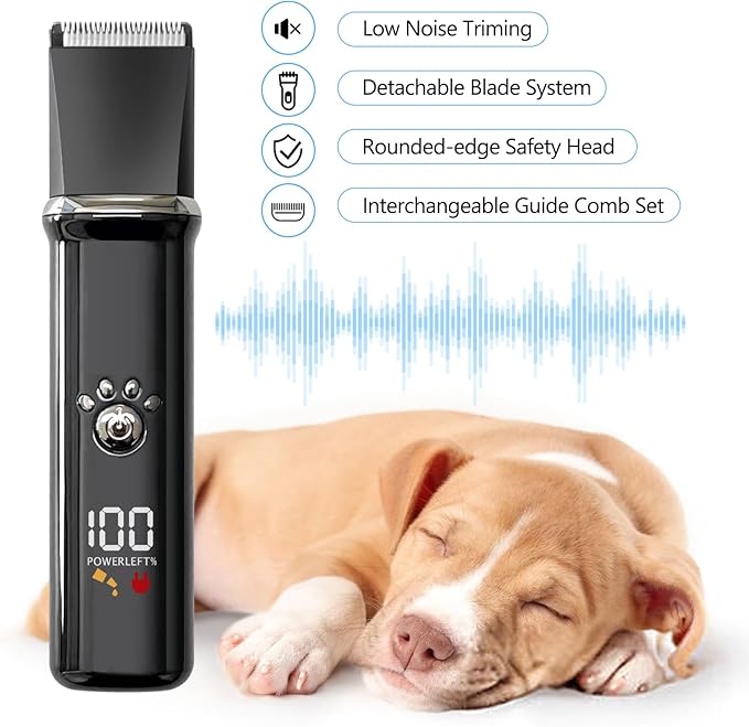 Dog Clippers Grooming Kit - Low Noise, Cordless Electric Trimmer with Nail Grinder for Dogs & Cats, 4 in 1 Rechargeable Clippers for Paws, Ears, Face and Matted Hair (Black)-Mewly Pet