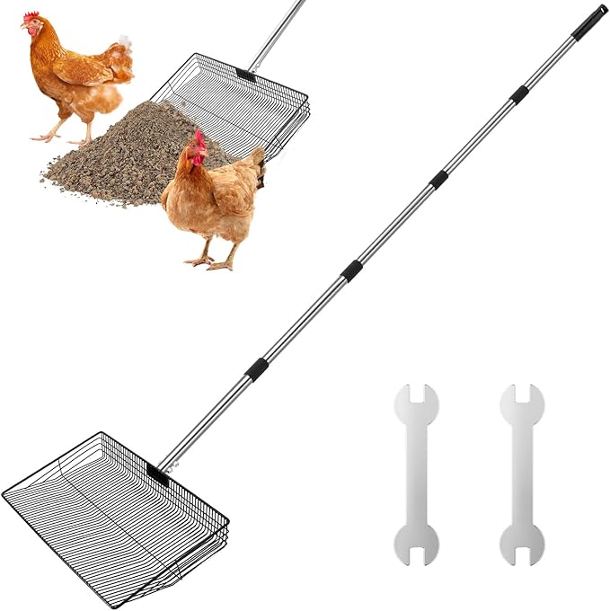 SlowTon 15-inch Large Chicken Poop Scooper - 5 in 1 Multifunctional Chicken Litter Scoop with 40 to 77in Stainless Steel Handle, Heavy Duty Chicken Coop Cleaning Tool Litter Sifting Shovel-Mewly Pet