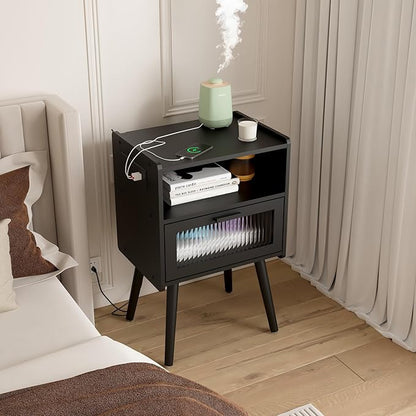 Mid Century Modern Nightstand with Charging Station, Bedside Tables with Glass Drawer, End Table Side Table with 2 Tiers Storage Space, for Bedroom, Living Room, Black